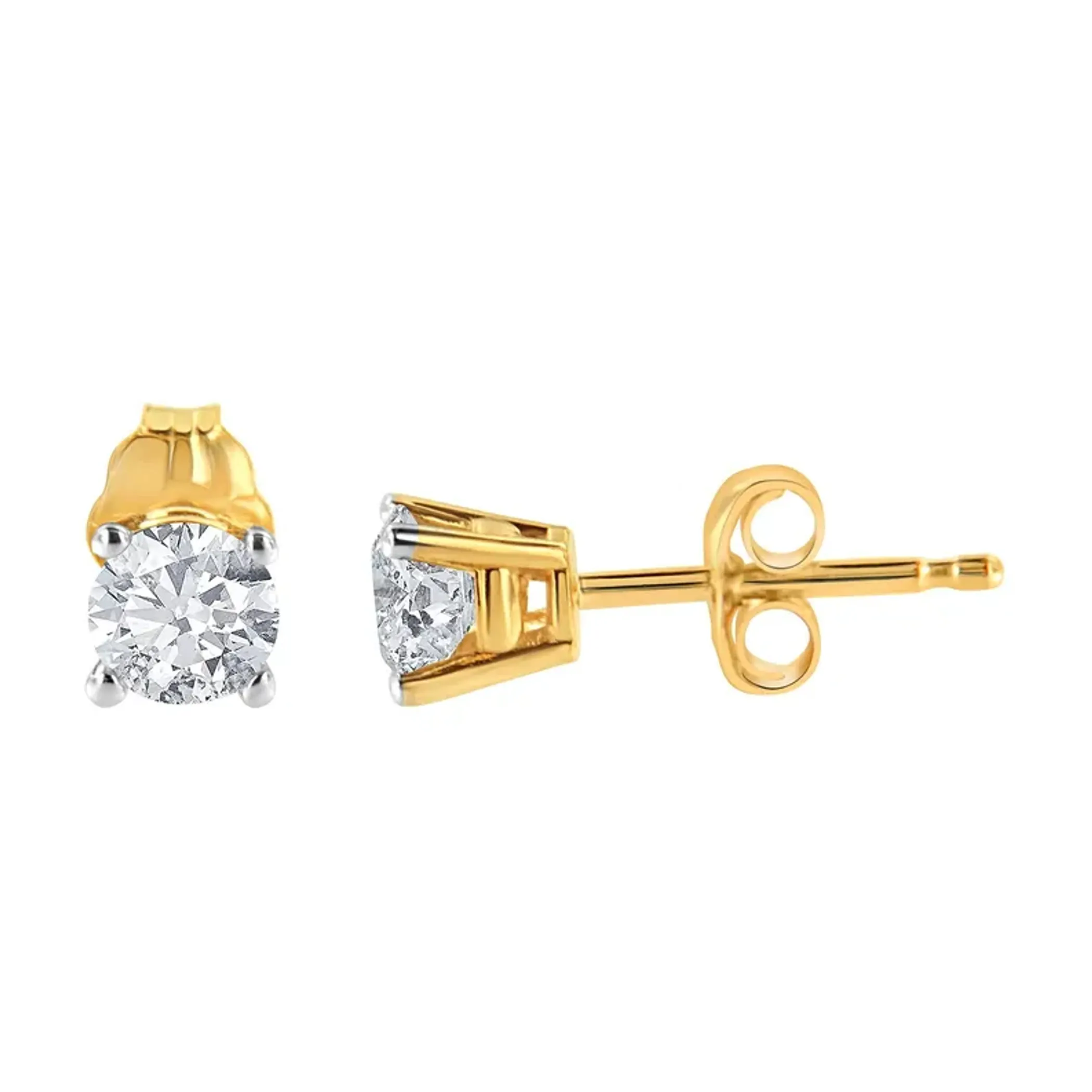 10K Yellow Gold over .925 Sterling Silver 1/10 Cttw Round Brilliant-Cut Diamond Classic 4-Prong Stud Earrings (K-L Color, I3 Clarity)