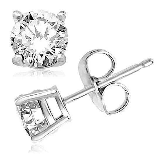 2-Pairs: White Gold High Polish Finish Stud Earrings Cubic Zirconia Round and Princess Cut