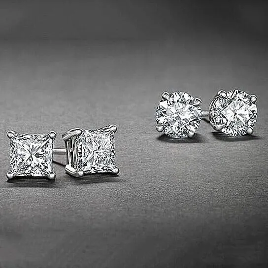 2-Pairs: White Gold High Polish Finish Stud Earrings Cubic Zirconia Round and Princess Cut