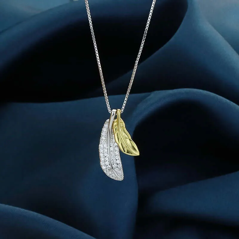 925 Sterling Silver & Gold Plated Necklace with Twin Feathers Pendant