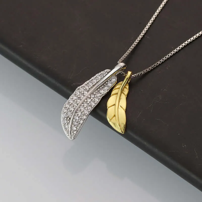 925 Sterling Silver & Gold Plated Necklace with Twin Feathers Pendant