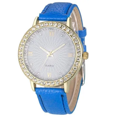 Analog Leather Quartz Crystal Diamond Watches for Women