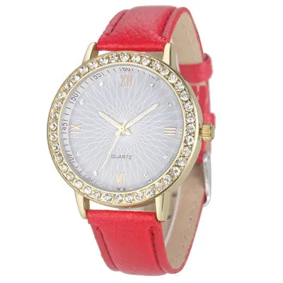 Analog Leather Quartz Crystal Diamond Watches for Women