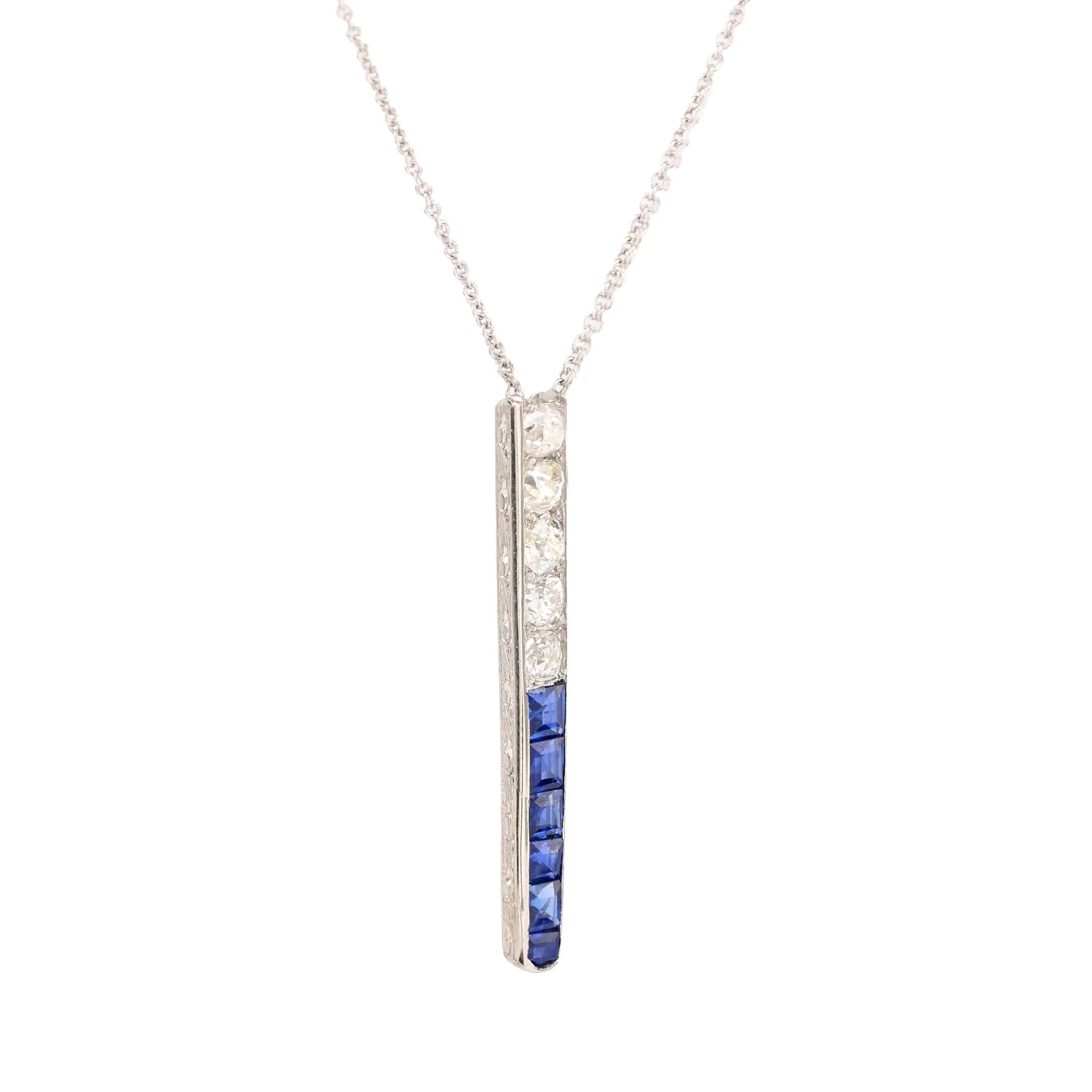 Art Deco Old Mine Cut Diamond Sapphire Platinum Necklace