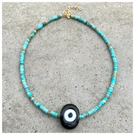 Biggie Black Nazar Turquoise Heishi Necklace