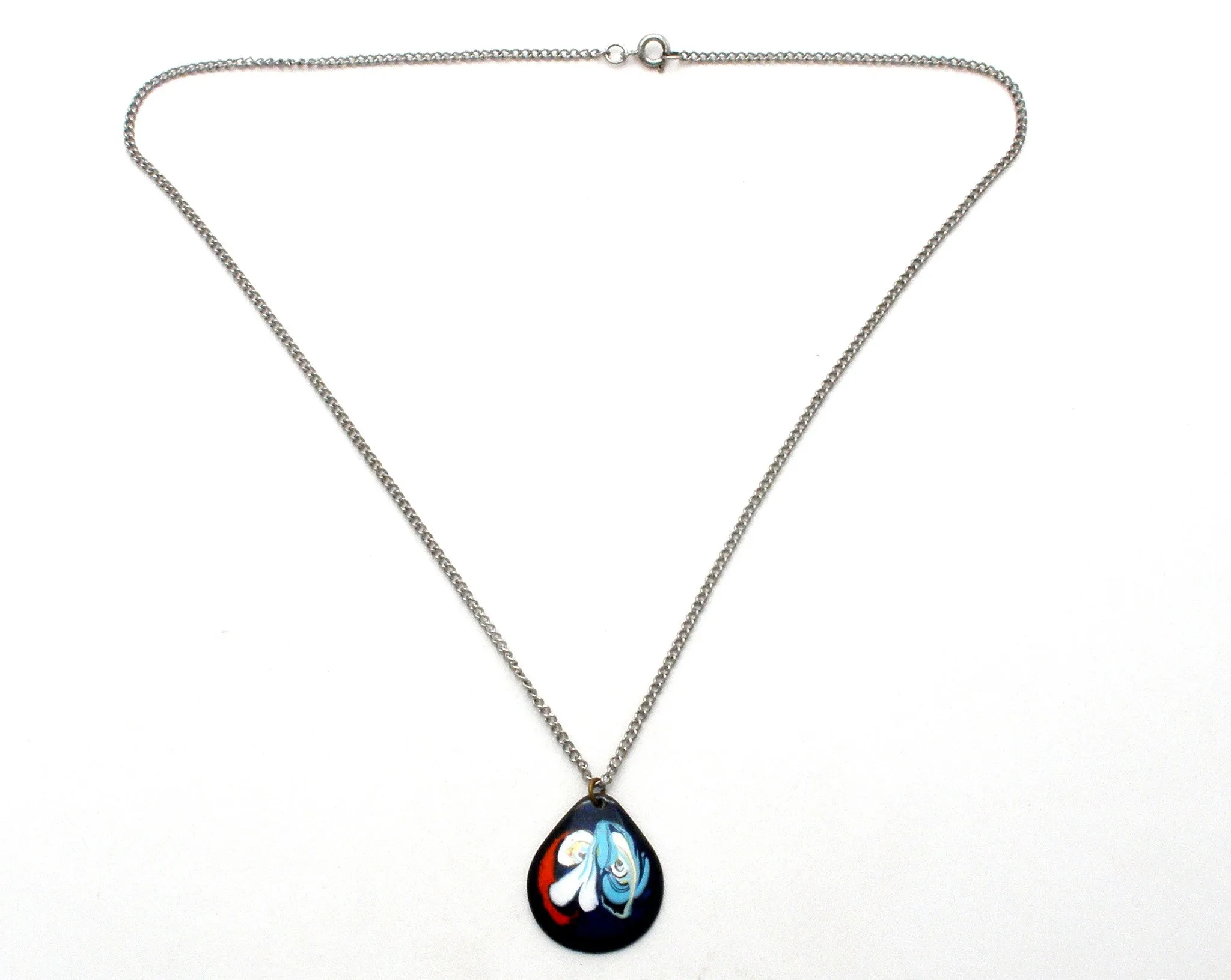 Blue Enamel Pendant Necklace Vintage 18"