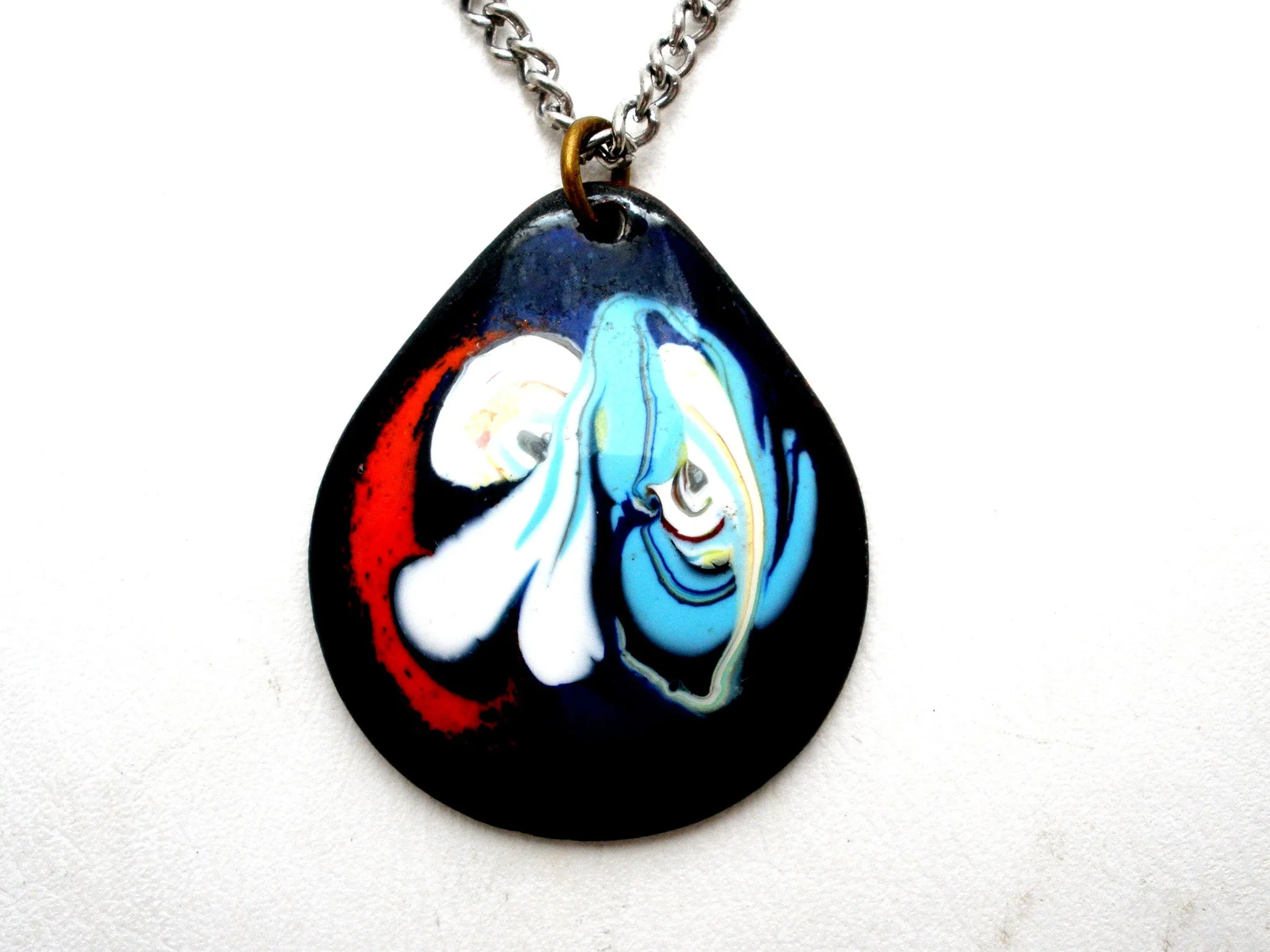 Blue Enamel Pendant Necklace Vintage 18"