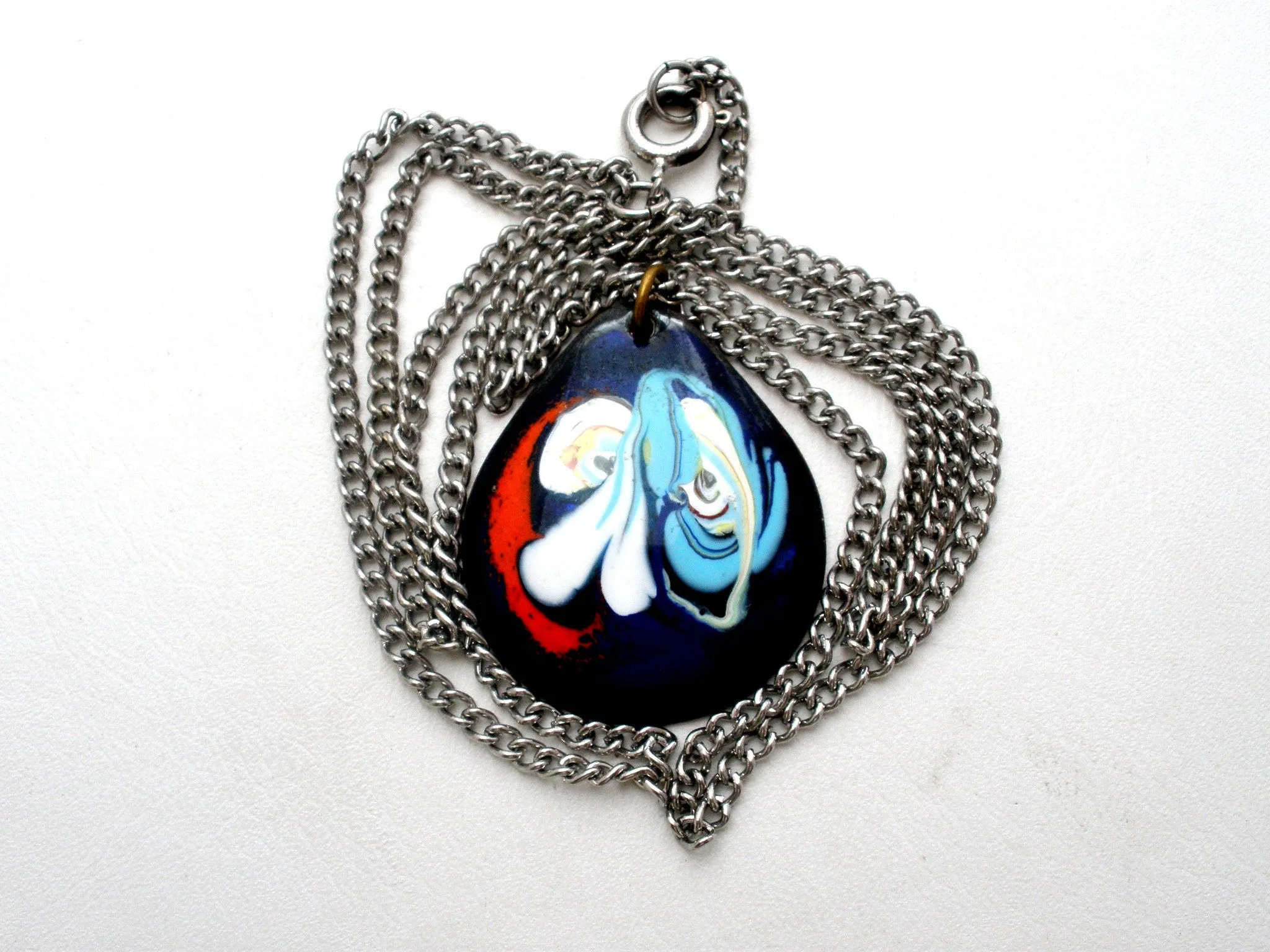 Blue Enamel Pendant Necklace Vintage 18"