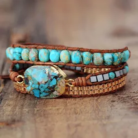 Blue Jasper Beads & Turquoise Charm Wrap Bracelet