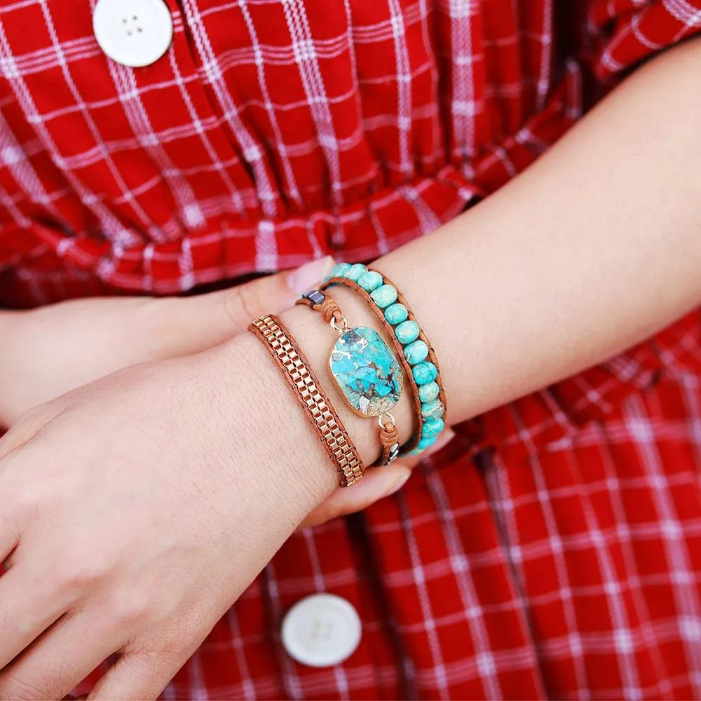 Blue Jasper Beads & Turquoise Charm Wrap Bracelet