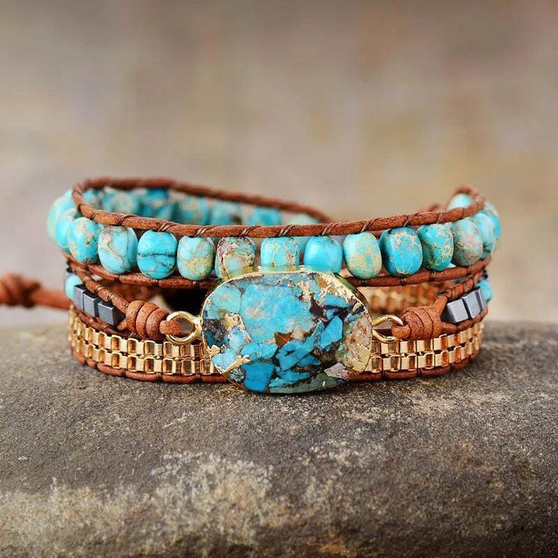 Blue Jasper Beads & Turquoise Charm Wrap Bracelet