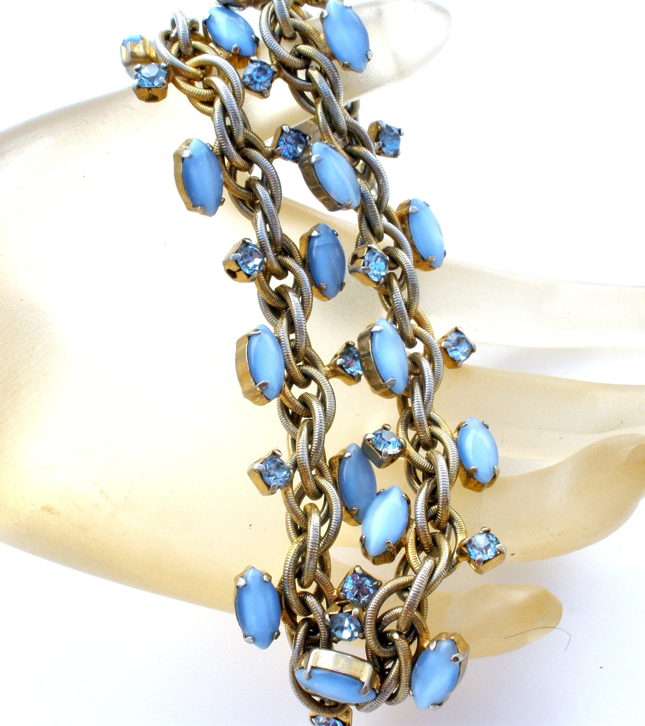 Blue Satin Glass Rhinestone Choker Necklace Vintage