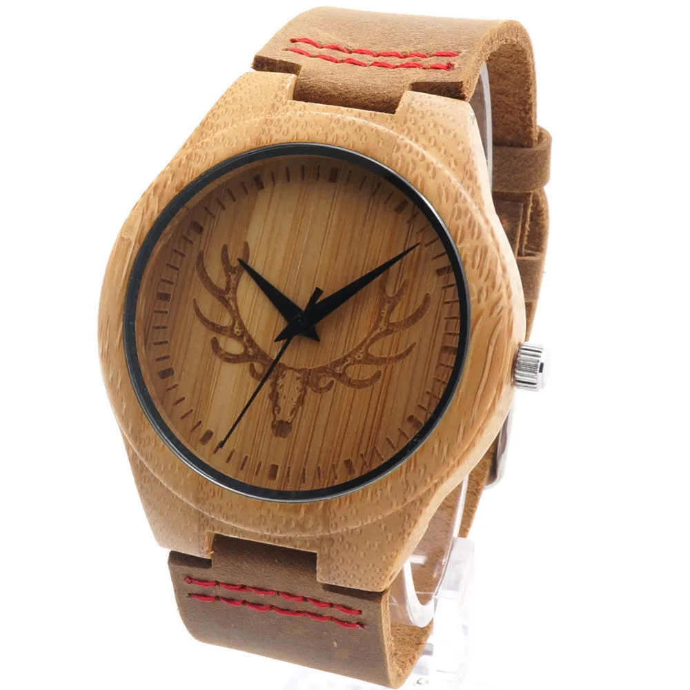 Bobobird RT0459 Mens Deer Head Design Buck Bamboo Wooden Watches Luxury Wooden Bamboo Watches With Leather Quartz Watch