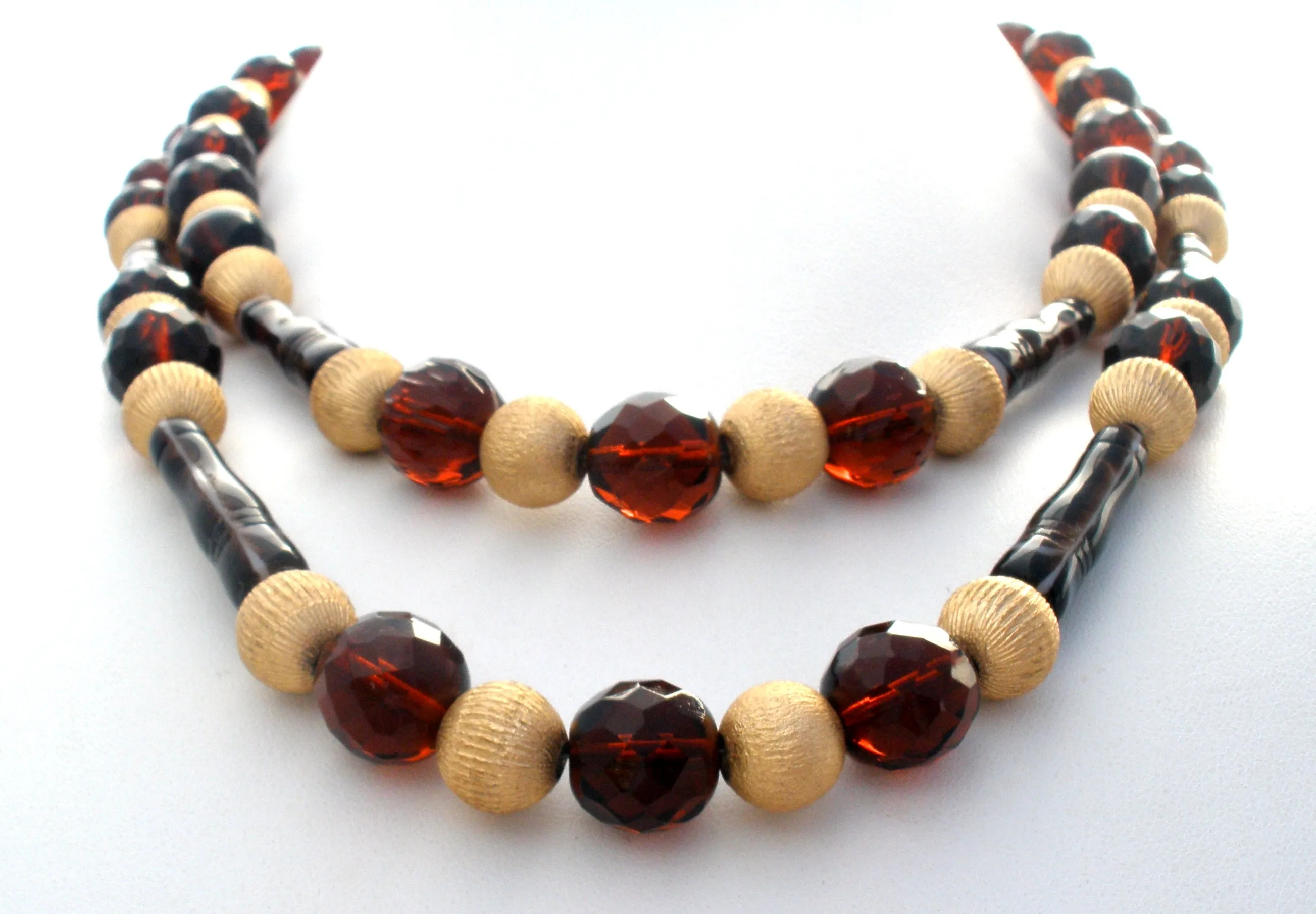 Brown Glass & Gold Bead Necklace Vintage