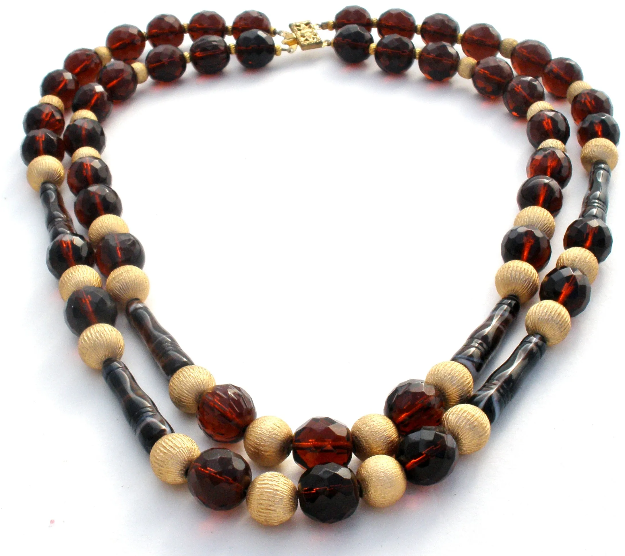 Brown Glass & Gold Bead Necklace Vintage