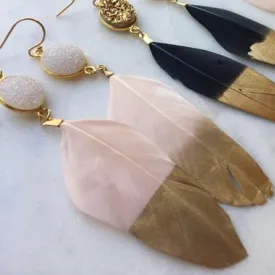 Druzy Gold Dipped Light Pink Feather Earrings