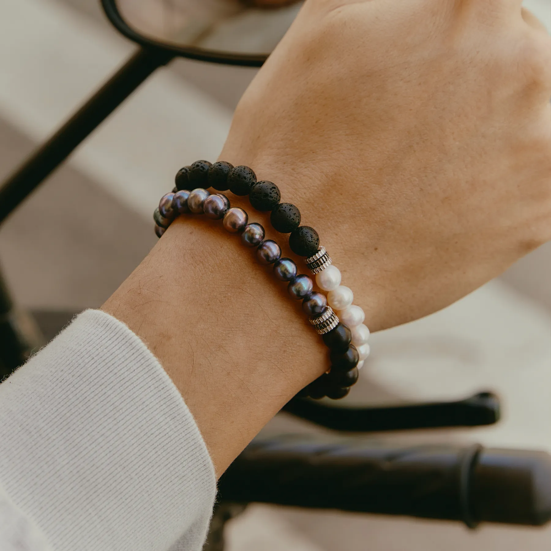 Gear Trio Bracelet With Wood Beads & Black Pearls