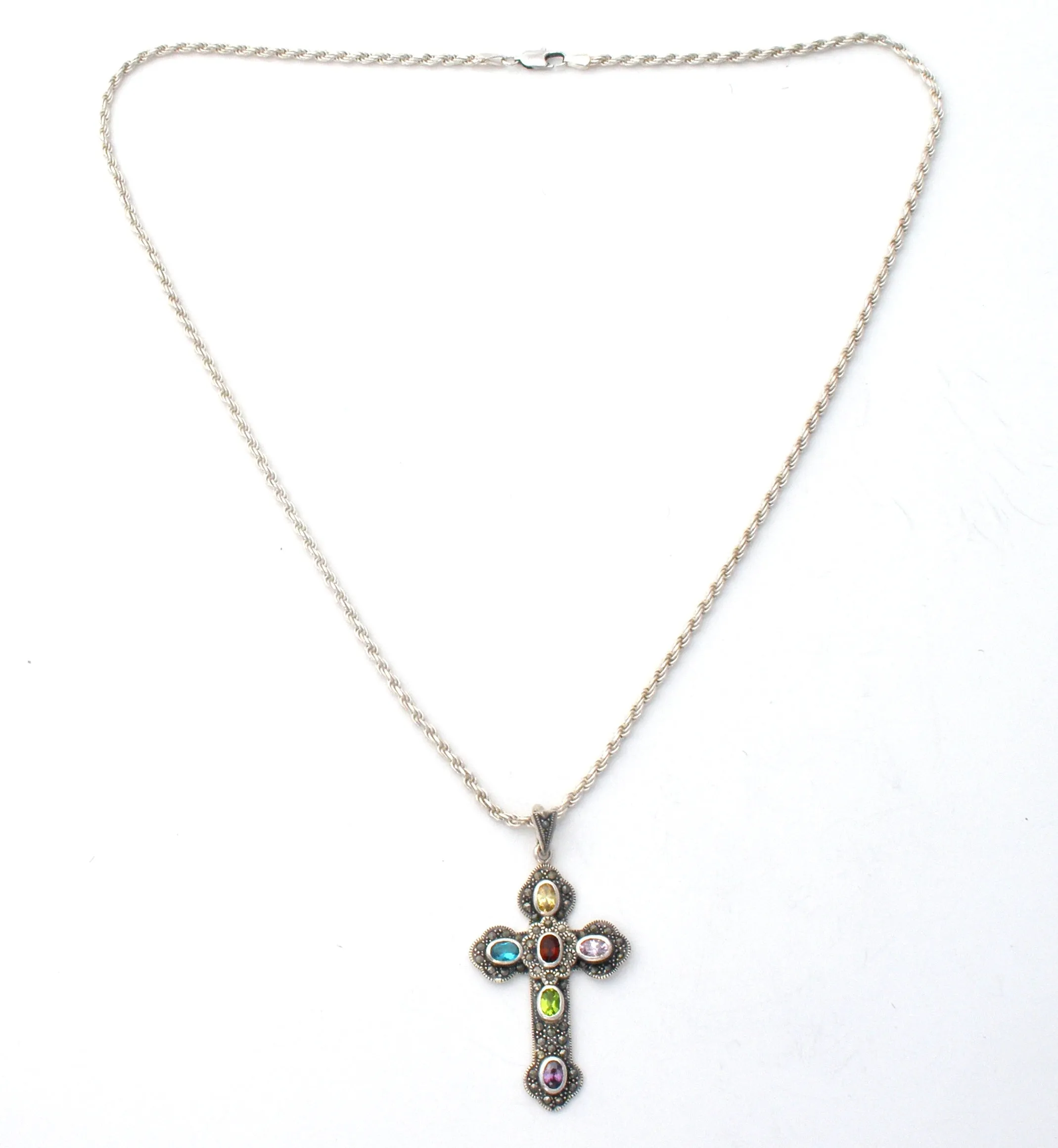 Gemstone Cross Pendant Necklace Sterling Silver