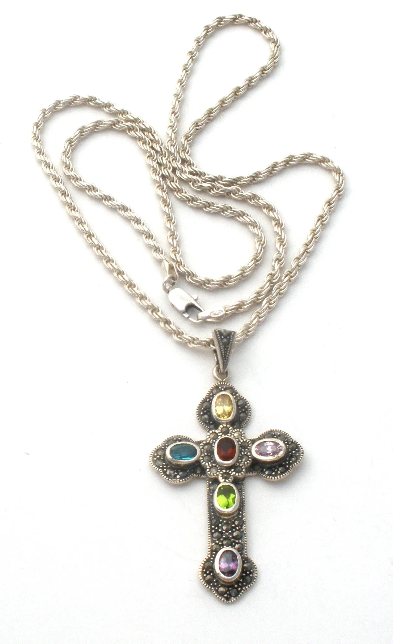 Gemstone Cross Pendant Necklace Sterling Silver