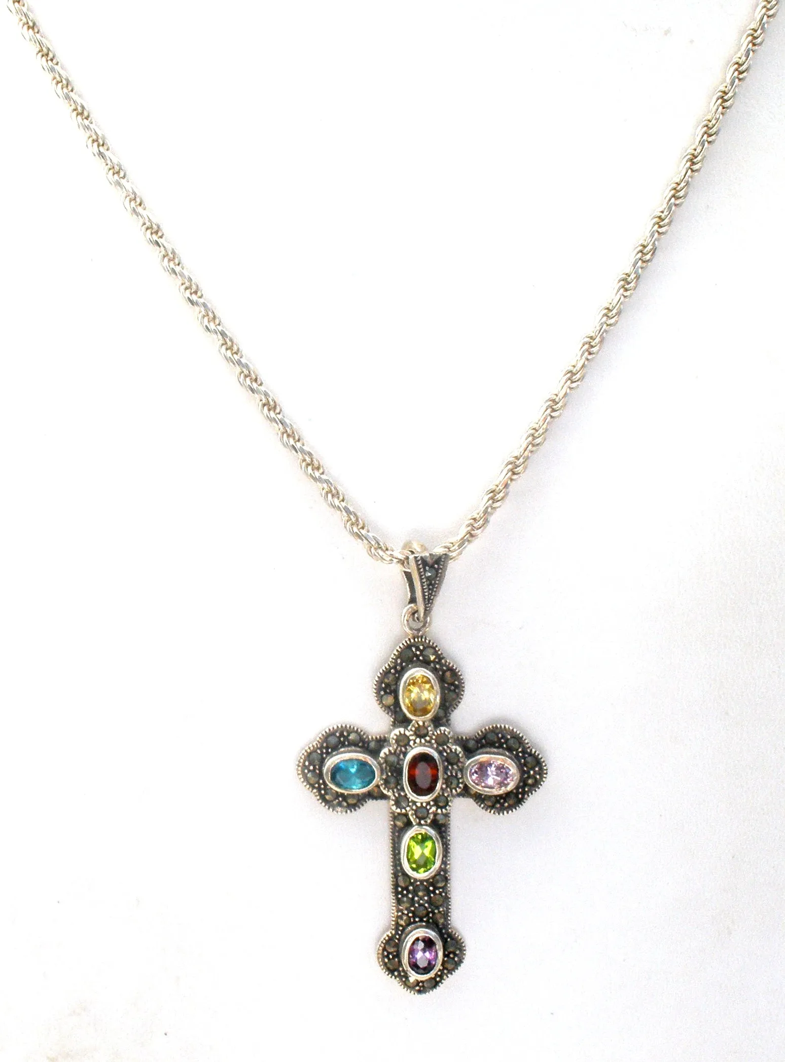 Gemstone Cross Pendant Necklace Sterling Silver