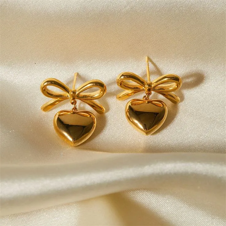 Gift Ribbon Bow Heart Dangle Earrings