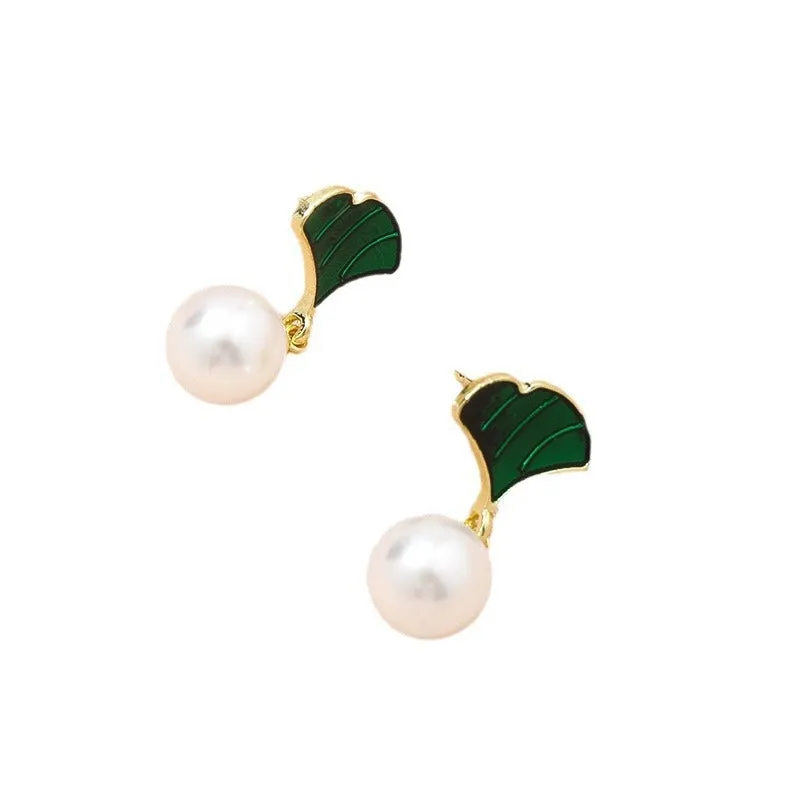 Ginkgo Leaf Pearl Stud Earrings Sterling