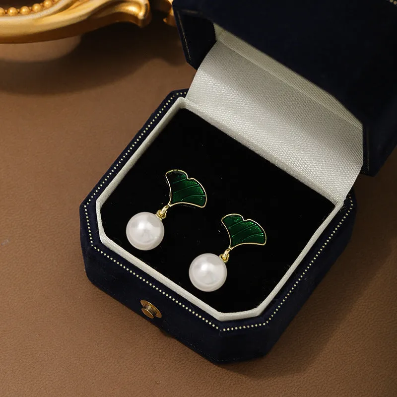 Ginkgo Leaf Pearl Stud Earrings Sterling