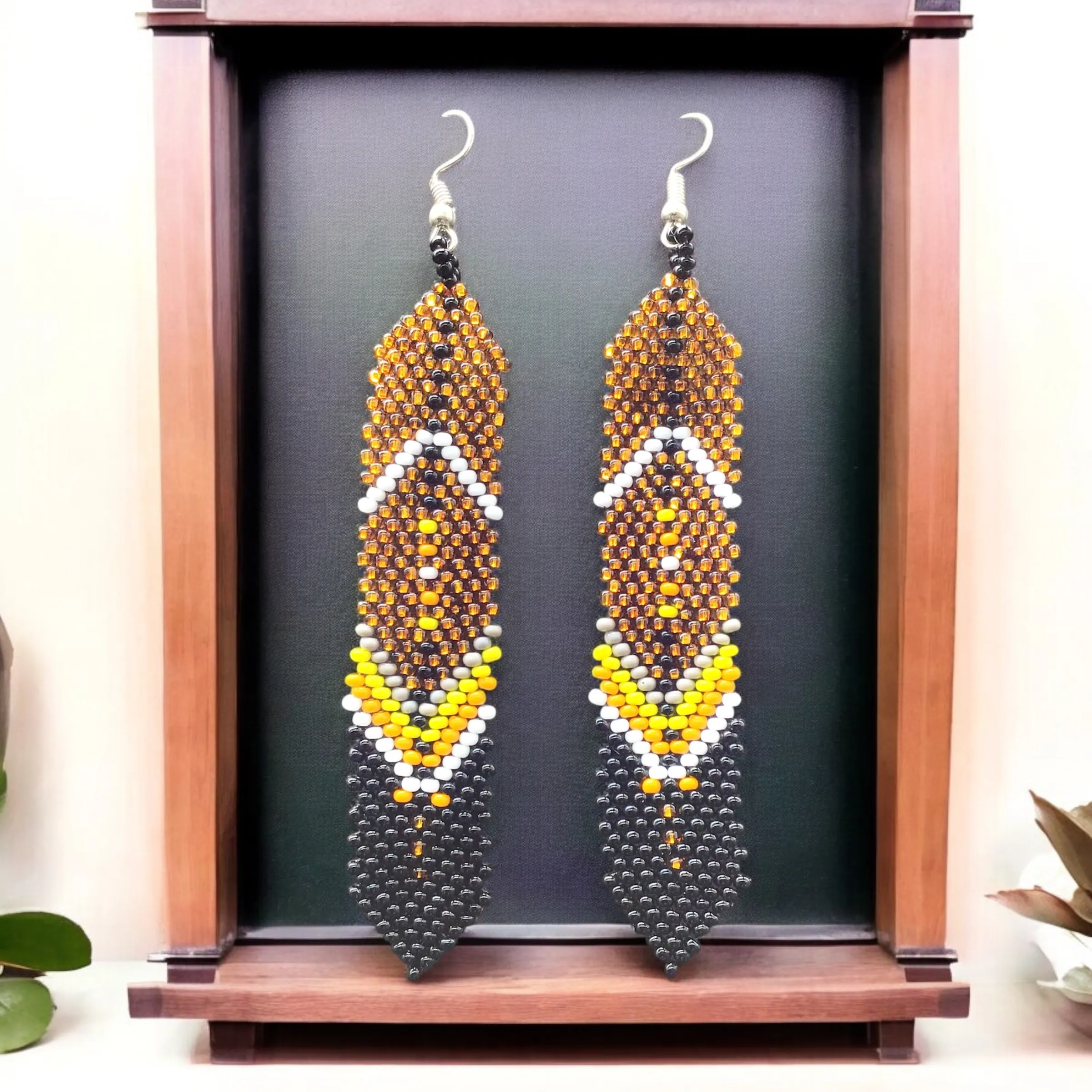 Golden Beaded Feather Earrings