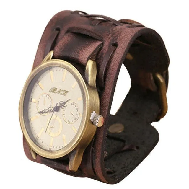 Hot Unique New Style Retro Punk Rock Brown Big Wide Leather Bracelet Cuff Men Watch Cool Drop Shipping F20