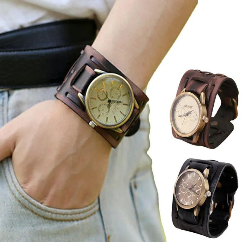 Hot Unique New Style Retro Punk Rock Brown Big Wide Leather Bracelet Cuff Men Watch Cool Drop Shipping F20