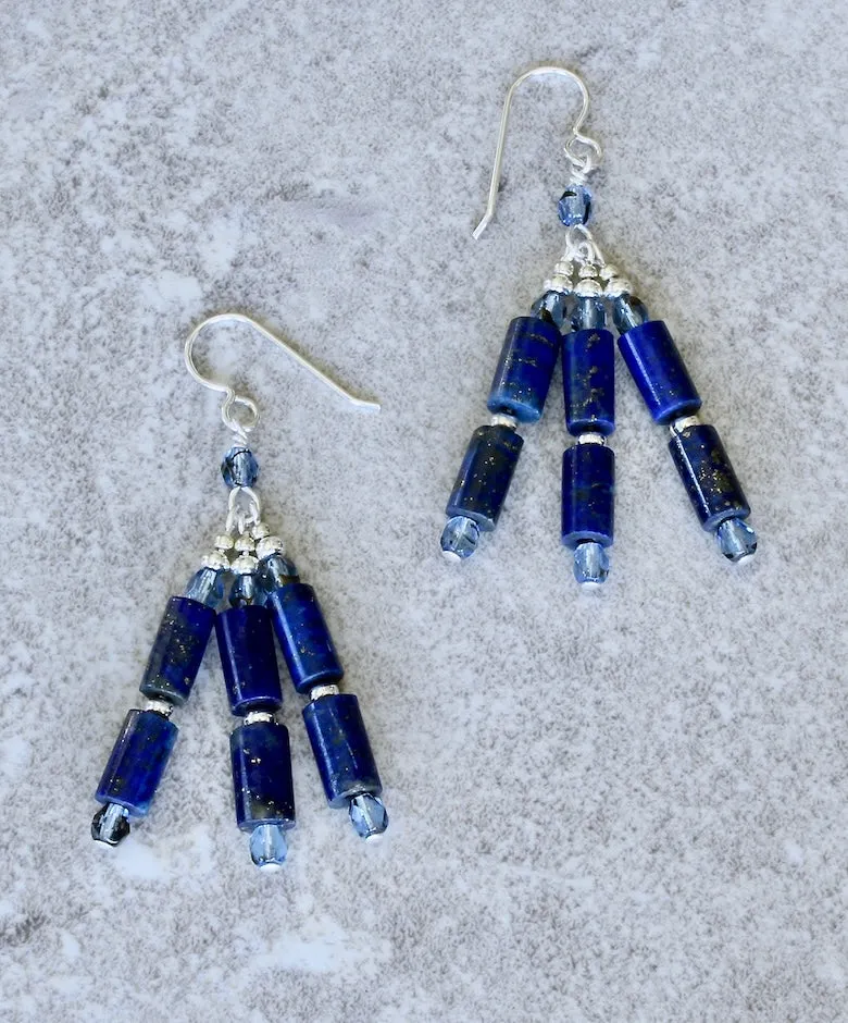 Lapis Lazuli Cylinder Bead 3-Dangle Earrings with Czech Glass and Sterling Silver