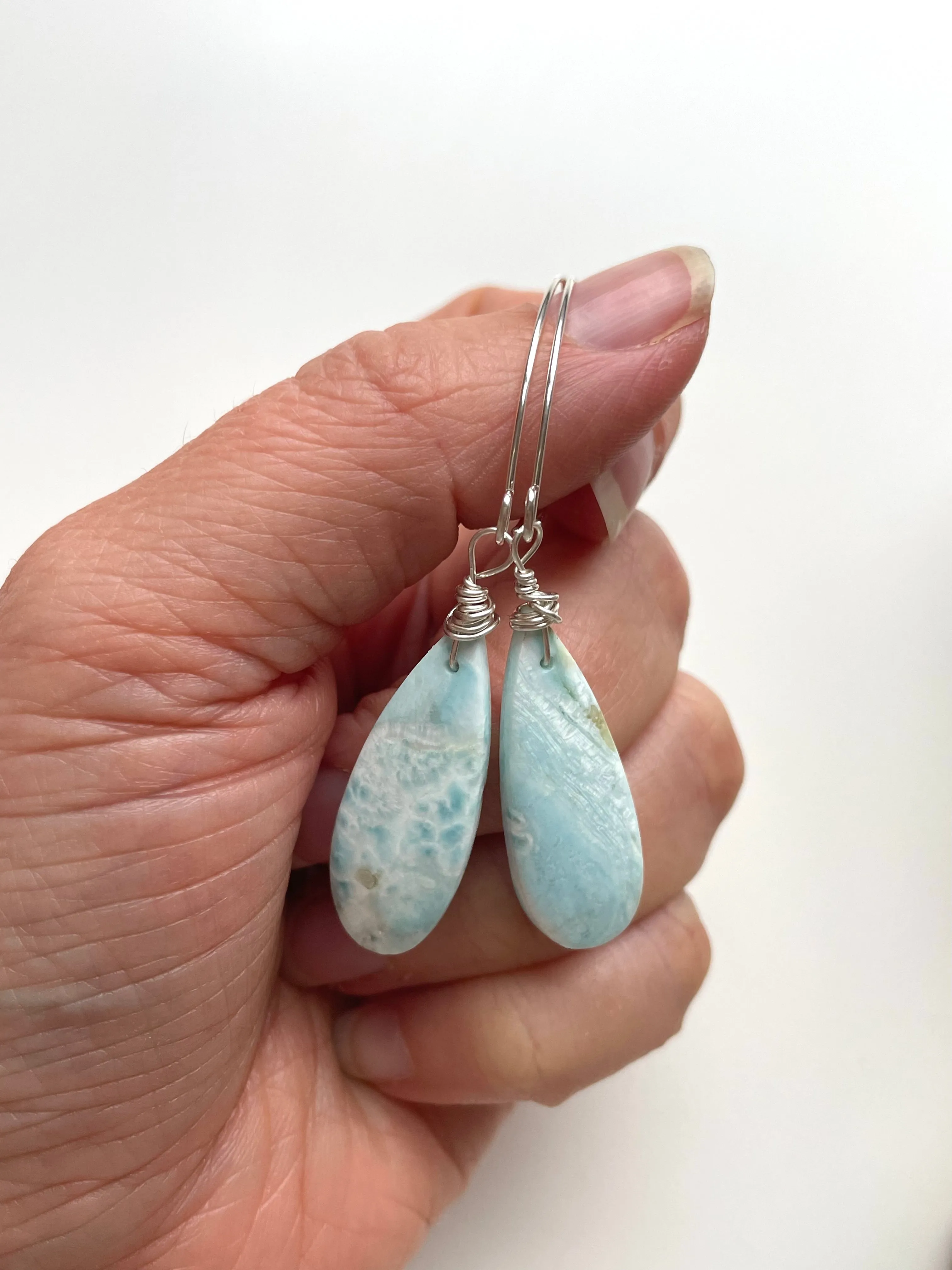 Long Larimar Earrings Dangle Sterling Silver