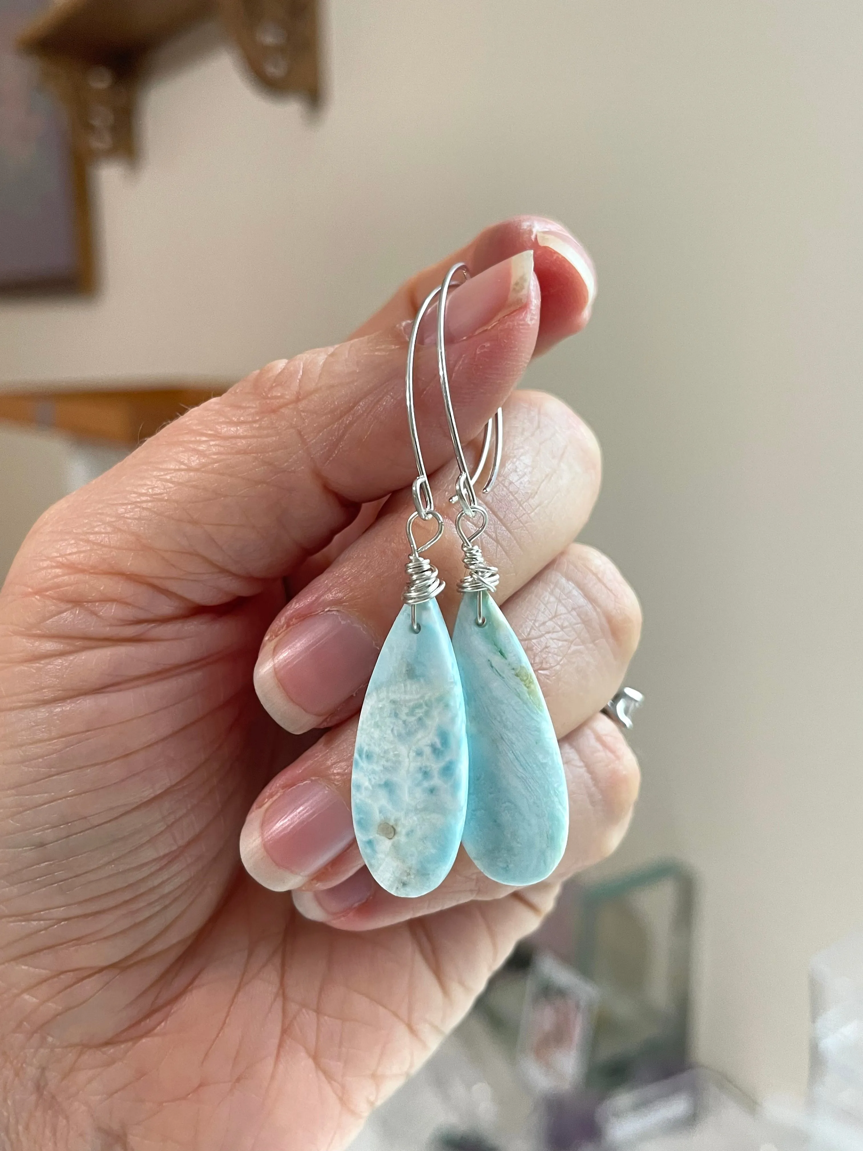 Long Larimar Earrings Dangle Sterling Silver