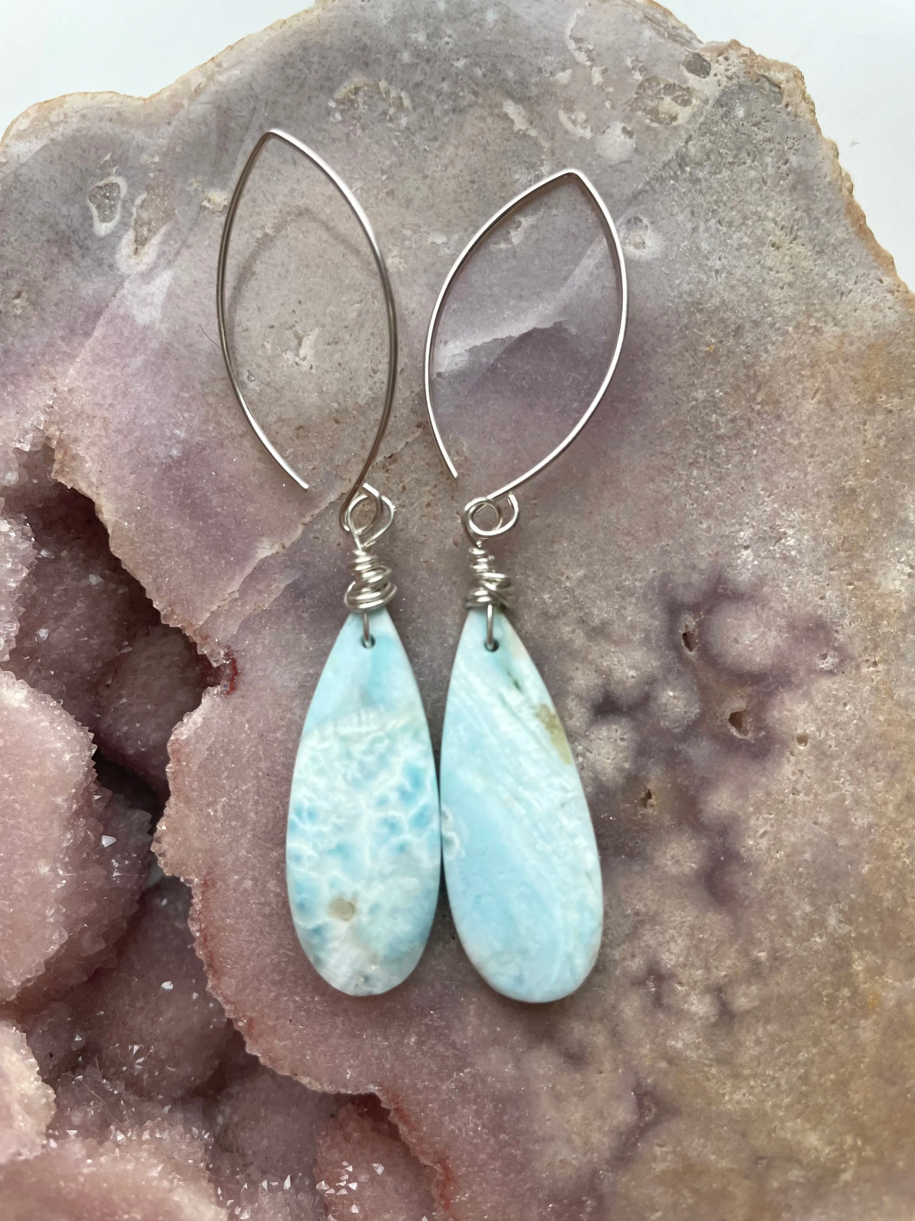 Long Larimar Earrings Dangle Sterling Silver