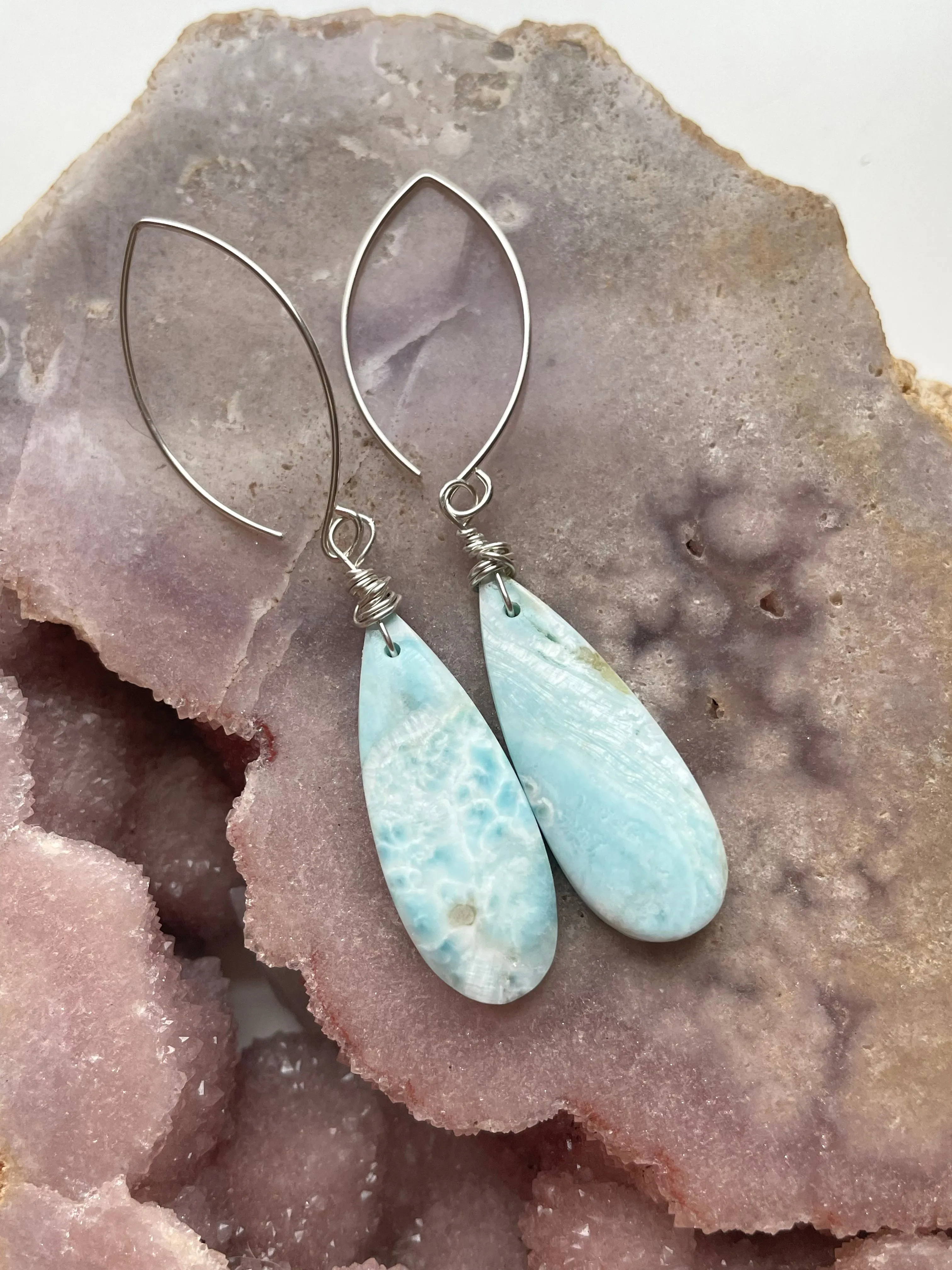 Long Larimar Earrings Dangle Sterling Silver