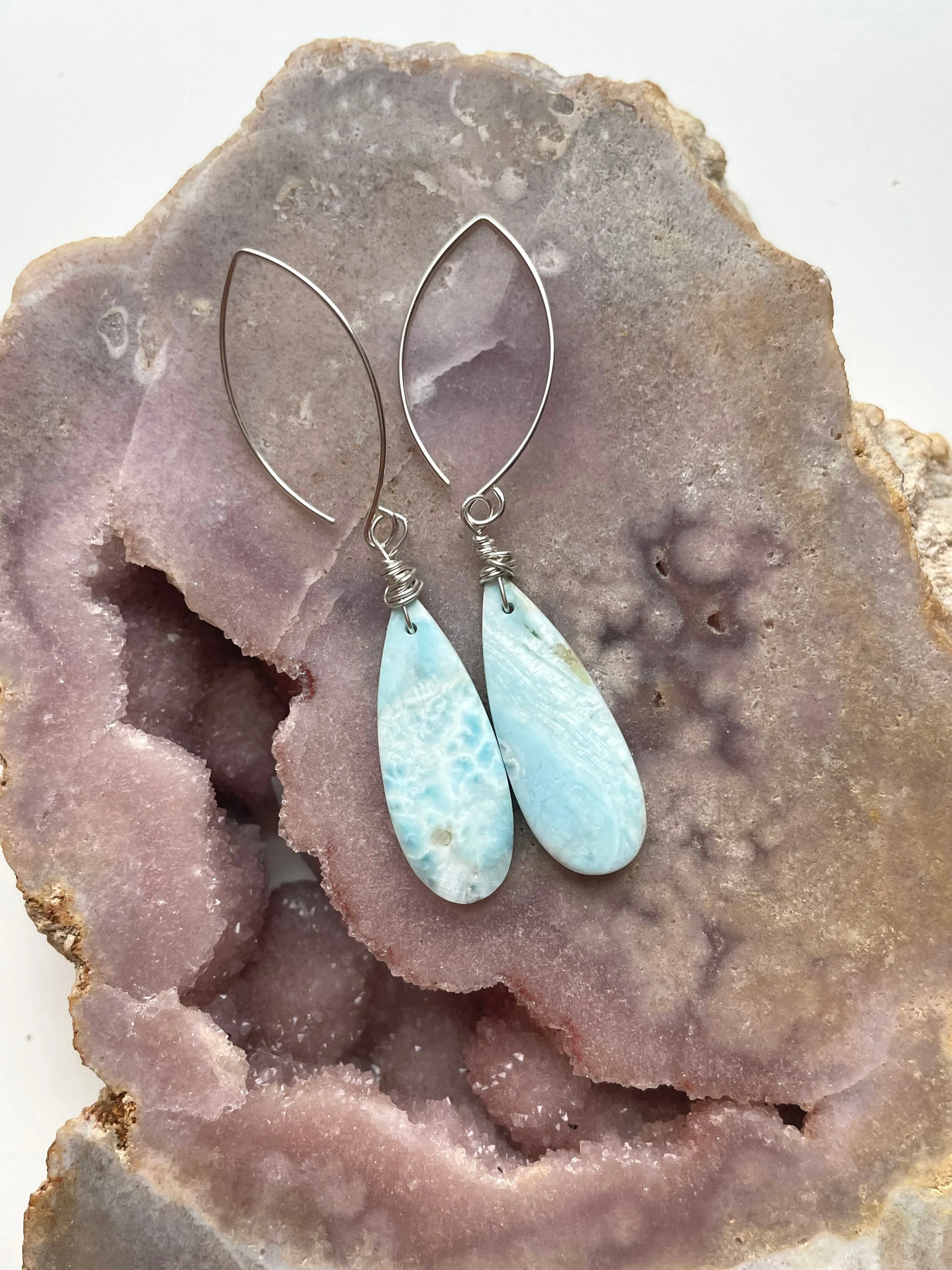 Long Larimar Earrings Dangle Sterling Silver