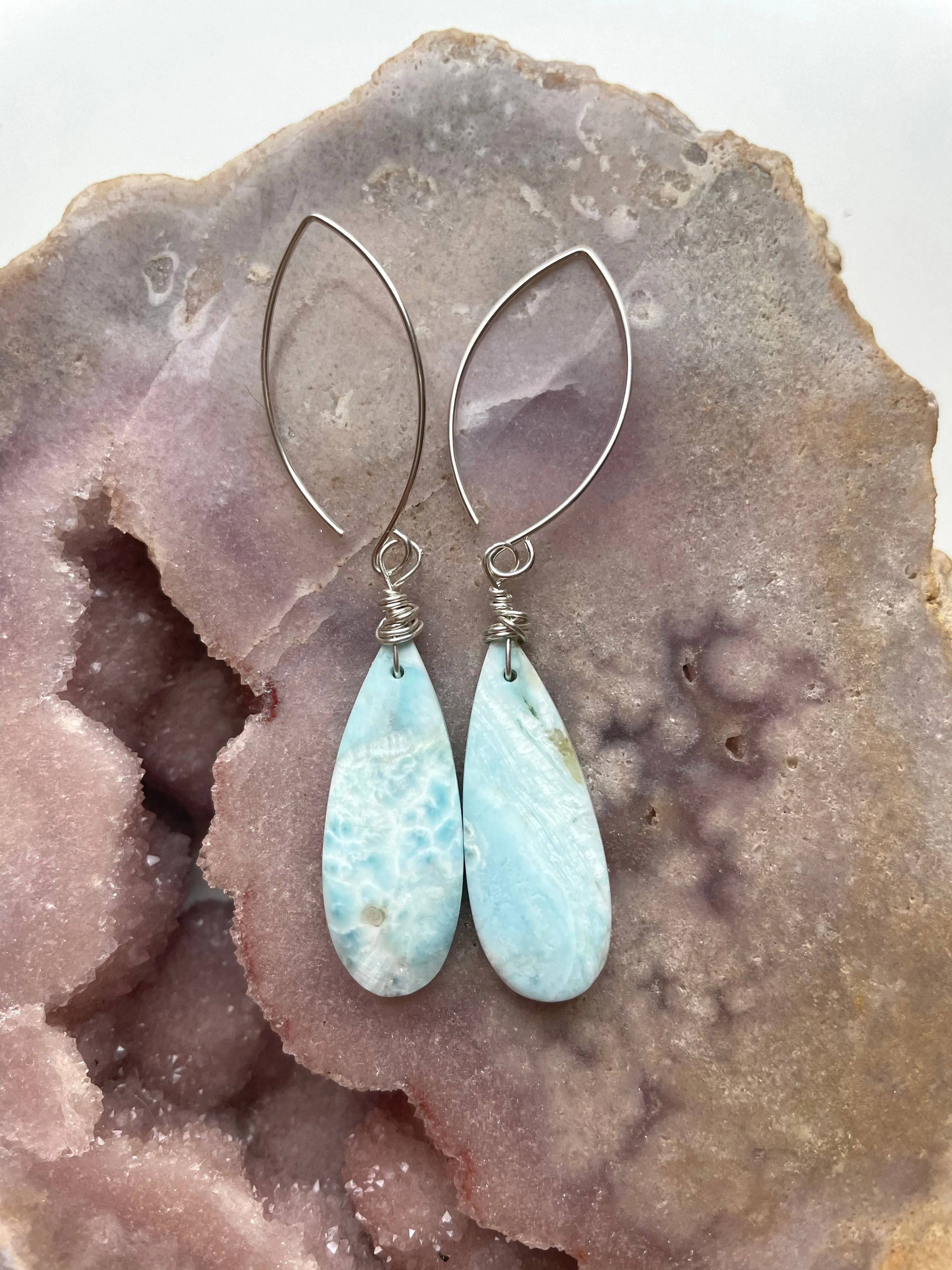 Long Larimar Earrings Dangle Sterling Silver