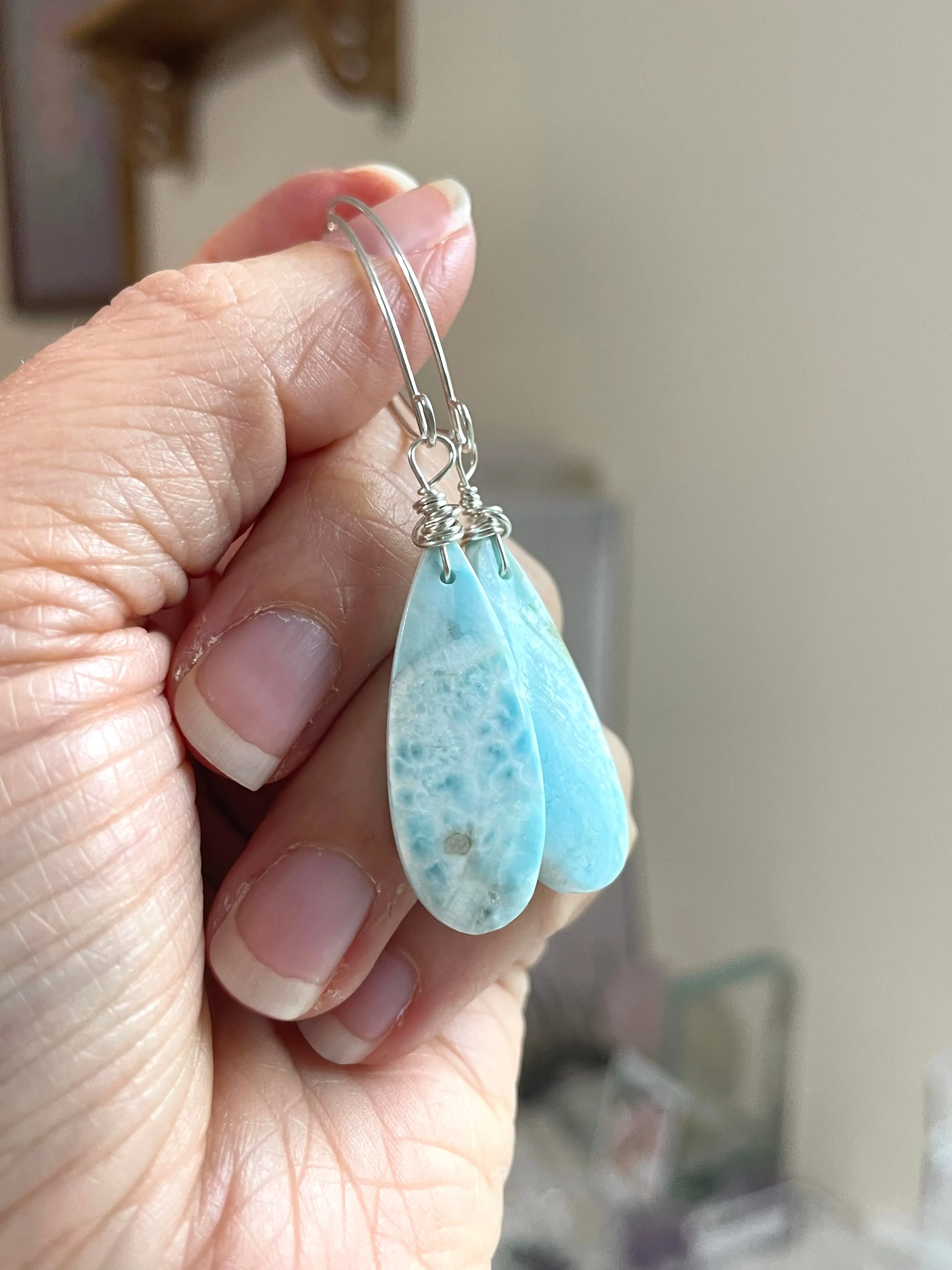 Long Larimar Earrings Dangle Sterling Silver