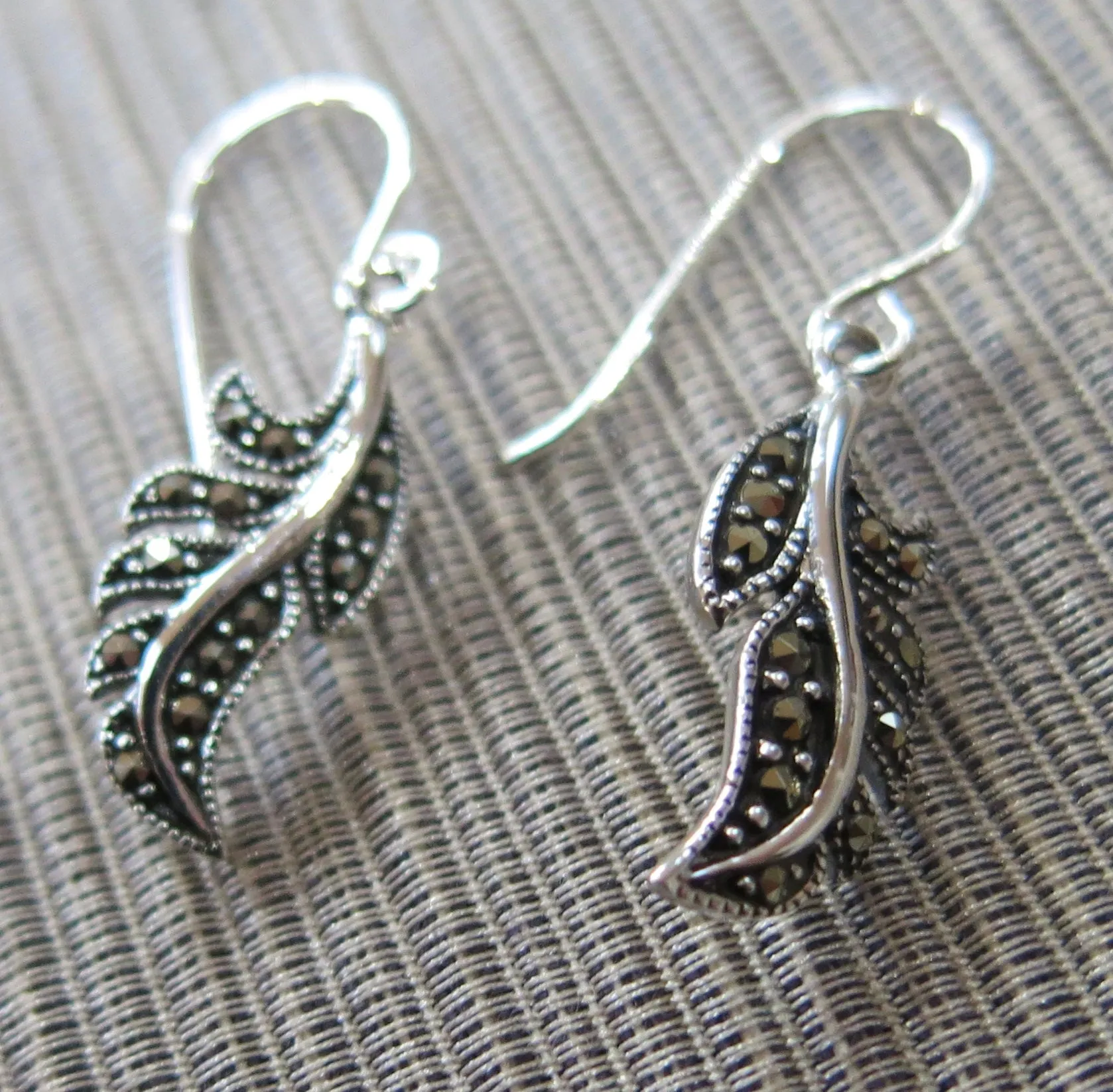 Marcasite Feather Design Drop Earrings