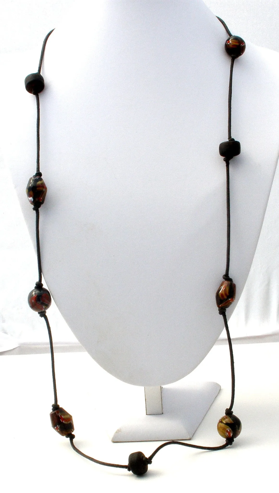 Murano Glass Beads On Black Leather Cord Necklace