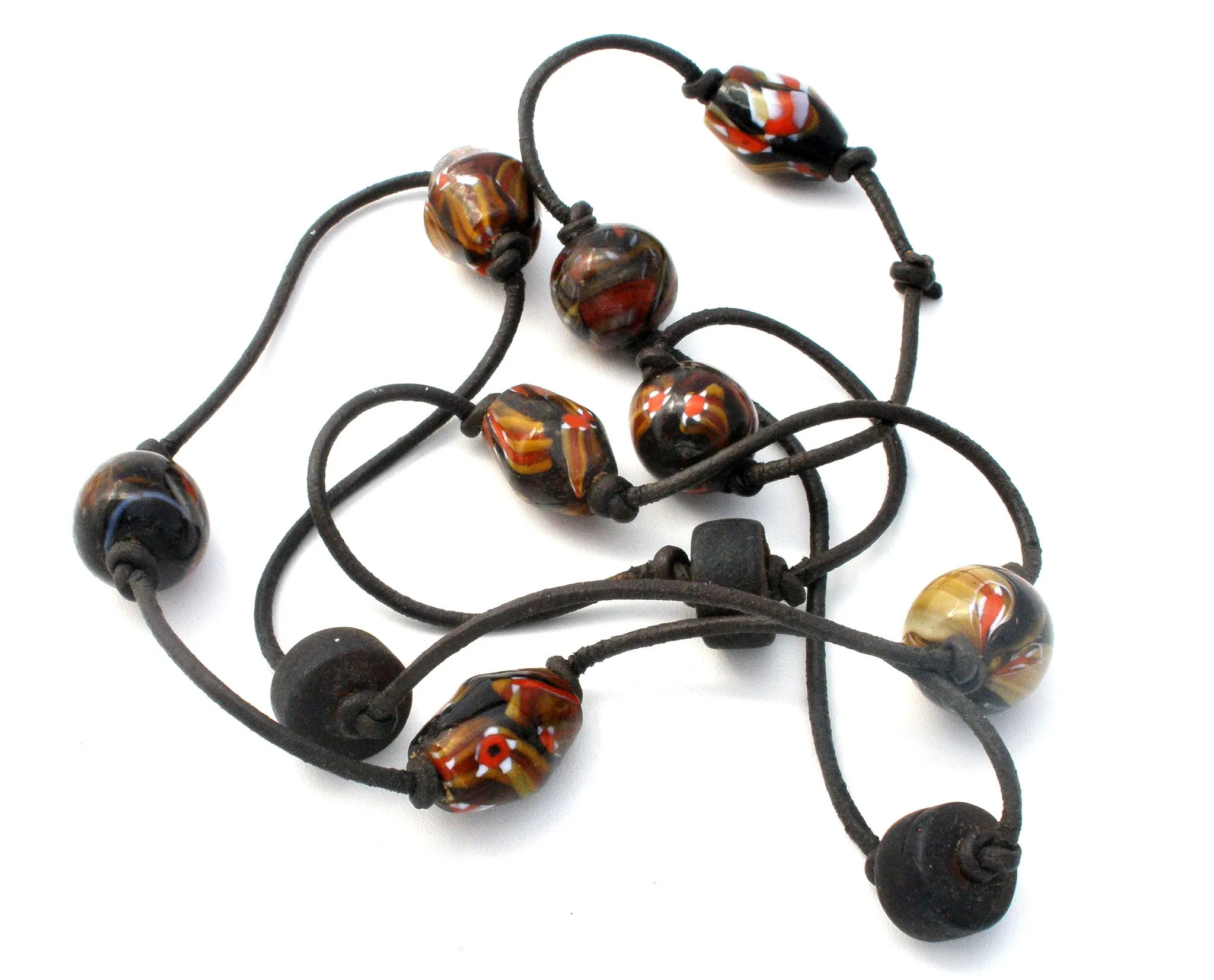 Murano Glass Beads On Black Leather Cord Necklace