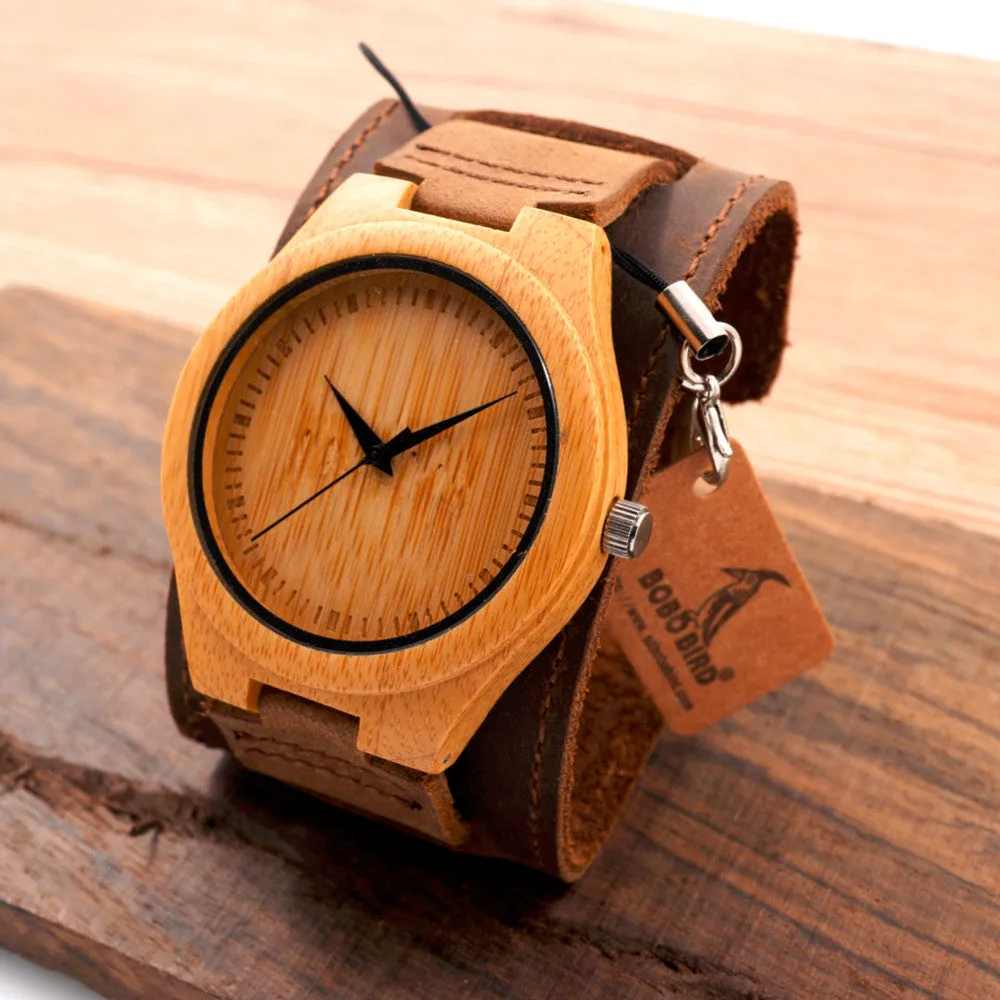 New Men Design Bamboo Wristwatches With Wider Genuine Cowhide Band for Men and Women Luxury Wood Wrist Watch as Gifts