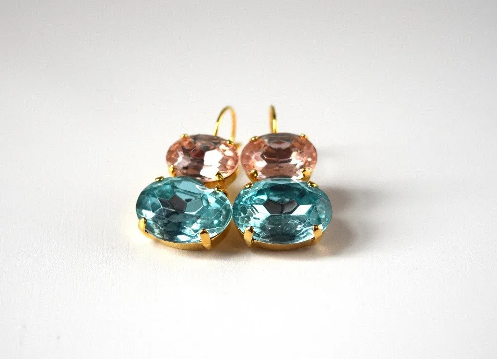 Pink and Aqua Crystal Earrings, 18th Century Style Earrings