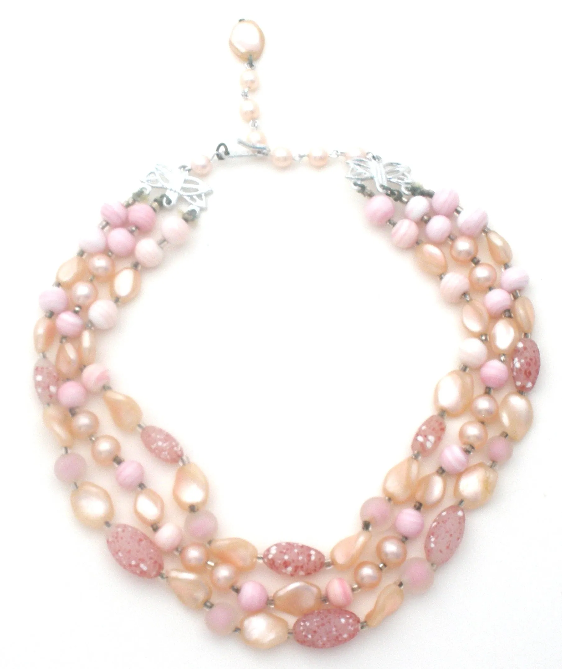 Pink Triple Strand Glass Bead Necklace