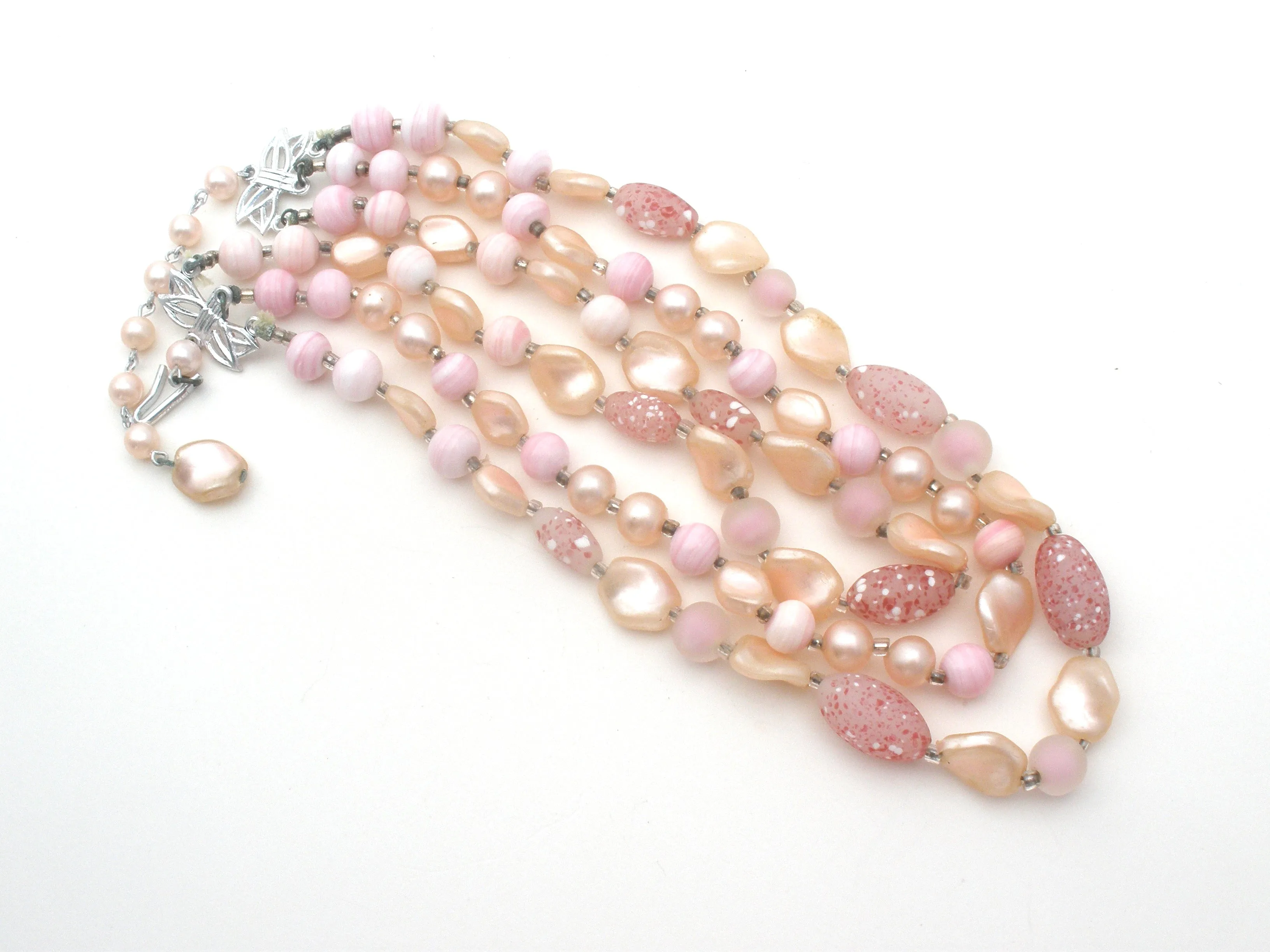 Pink Triple Strand Glass Bead Necklace