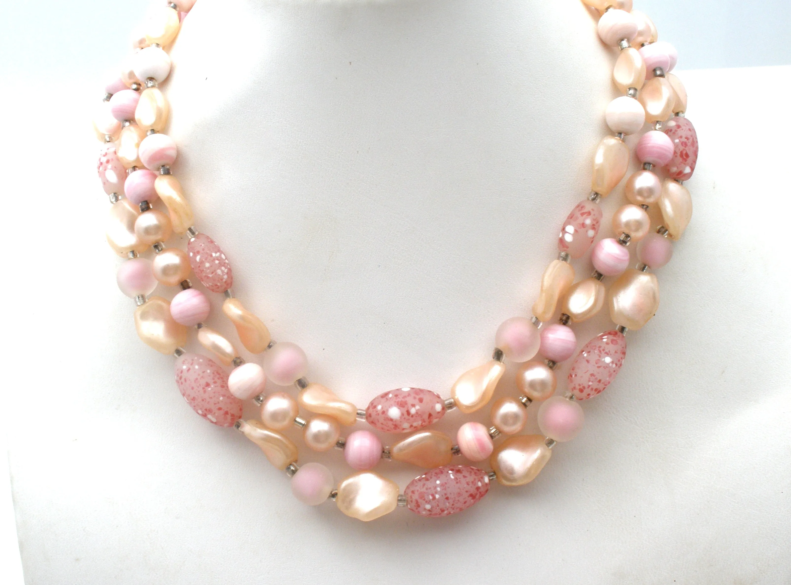 Pink Triple Strand Glass Bead Necklace