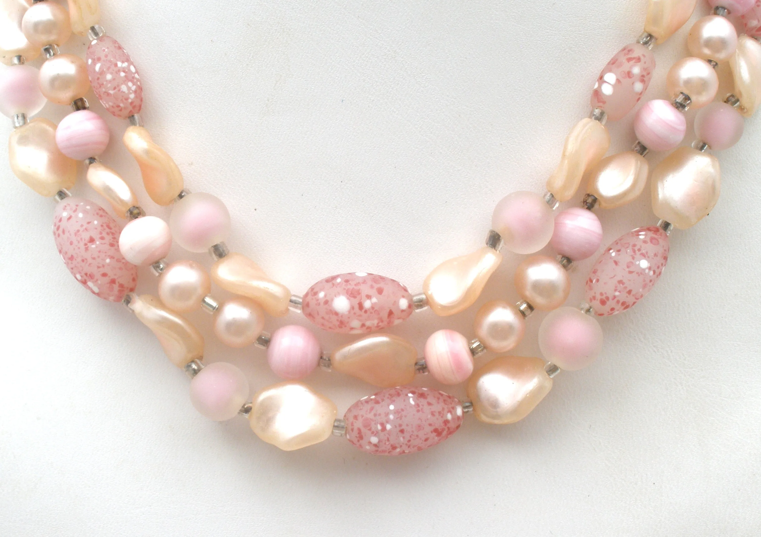 Pink Triple Strand Glass Bead Necklace