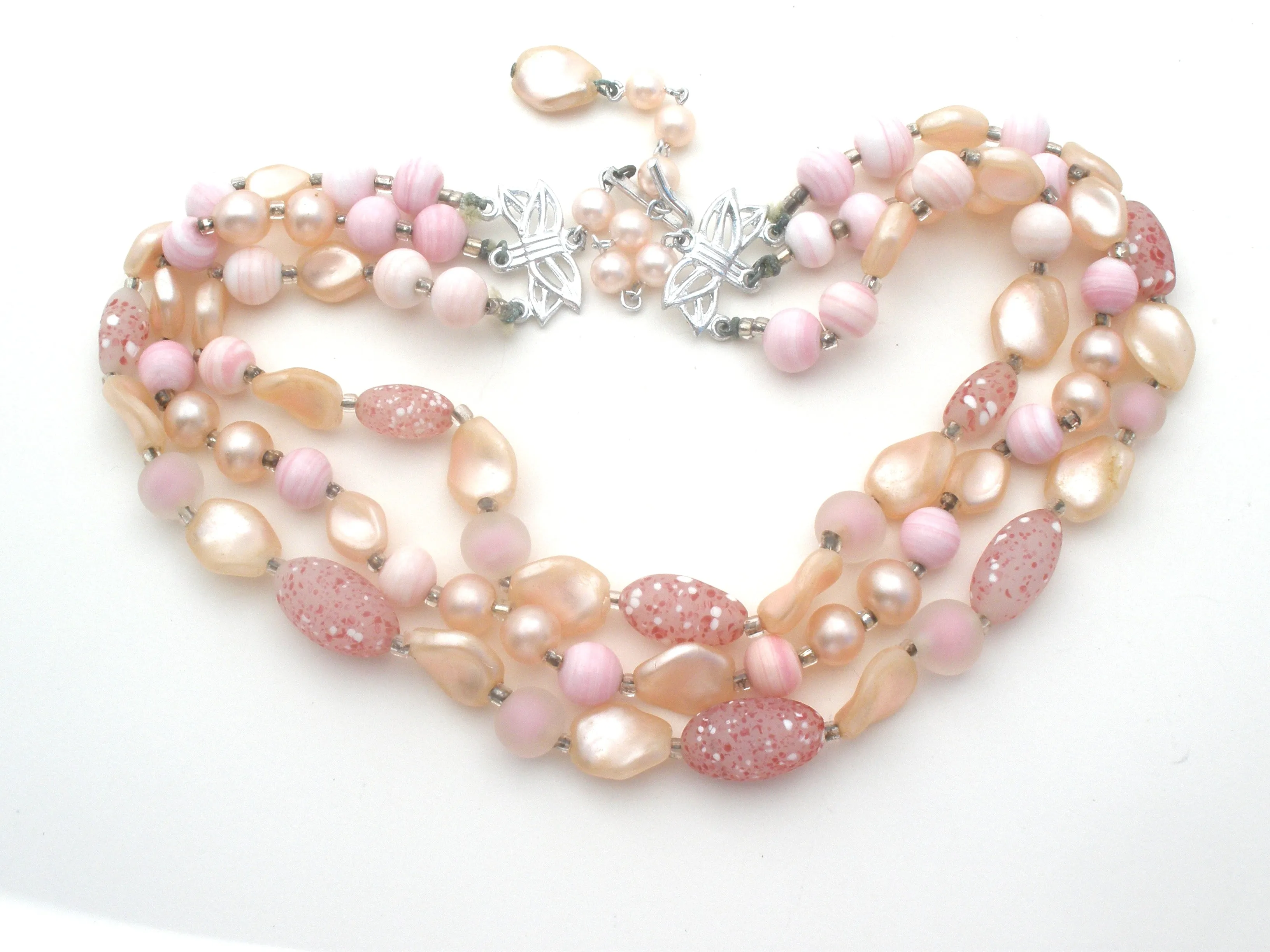 Pink Triple Strand Glass Bead Necklace