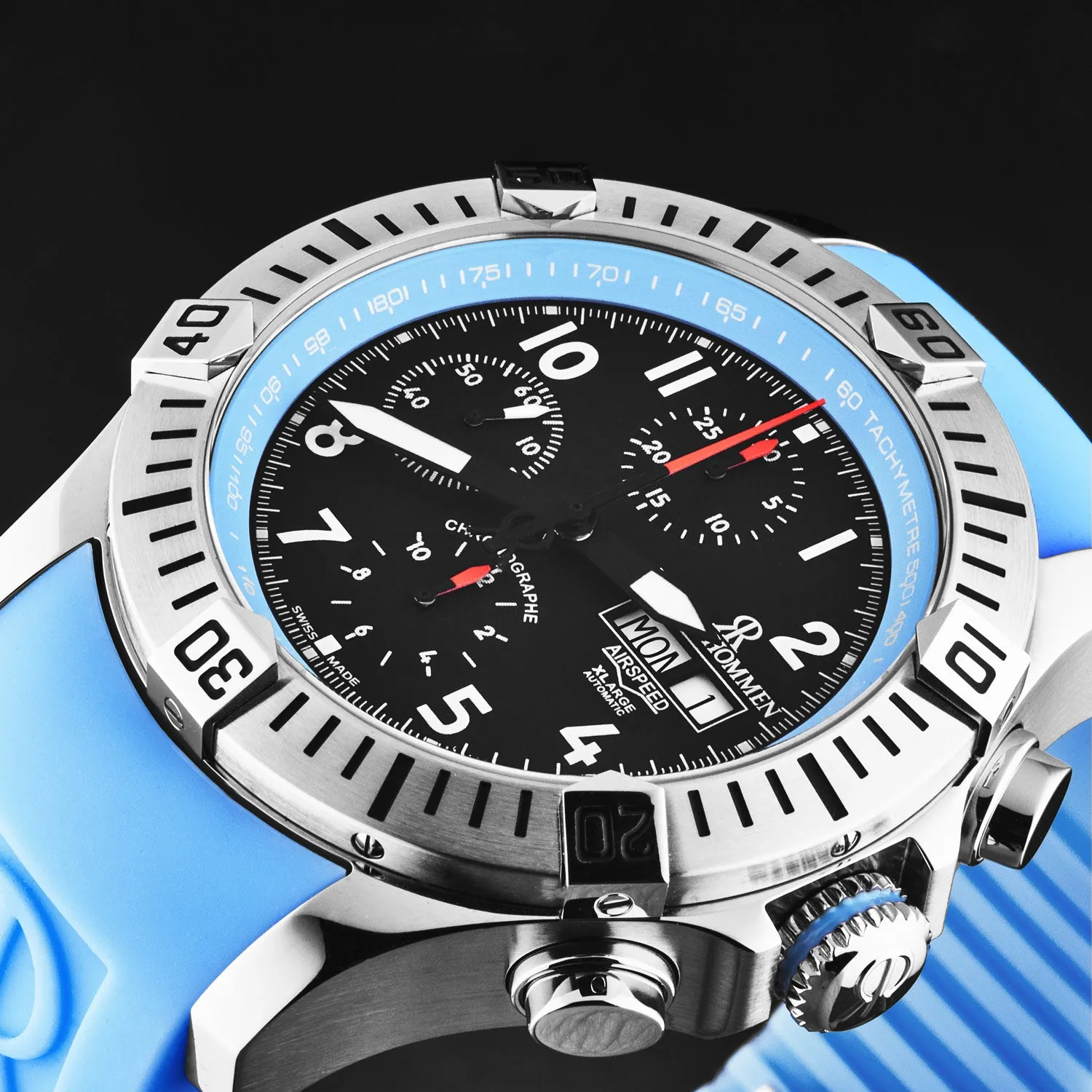 Revue Thommen Men's 'Air speed' Black Dial Blue Rubber Strap Automatic Watch 16071.6735