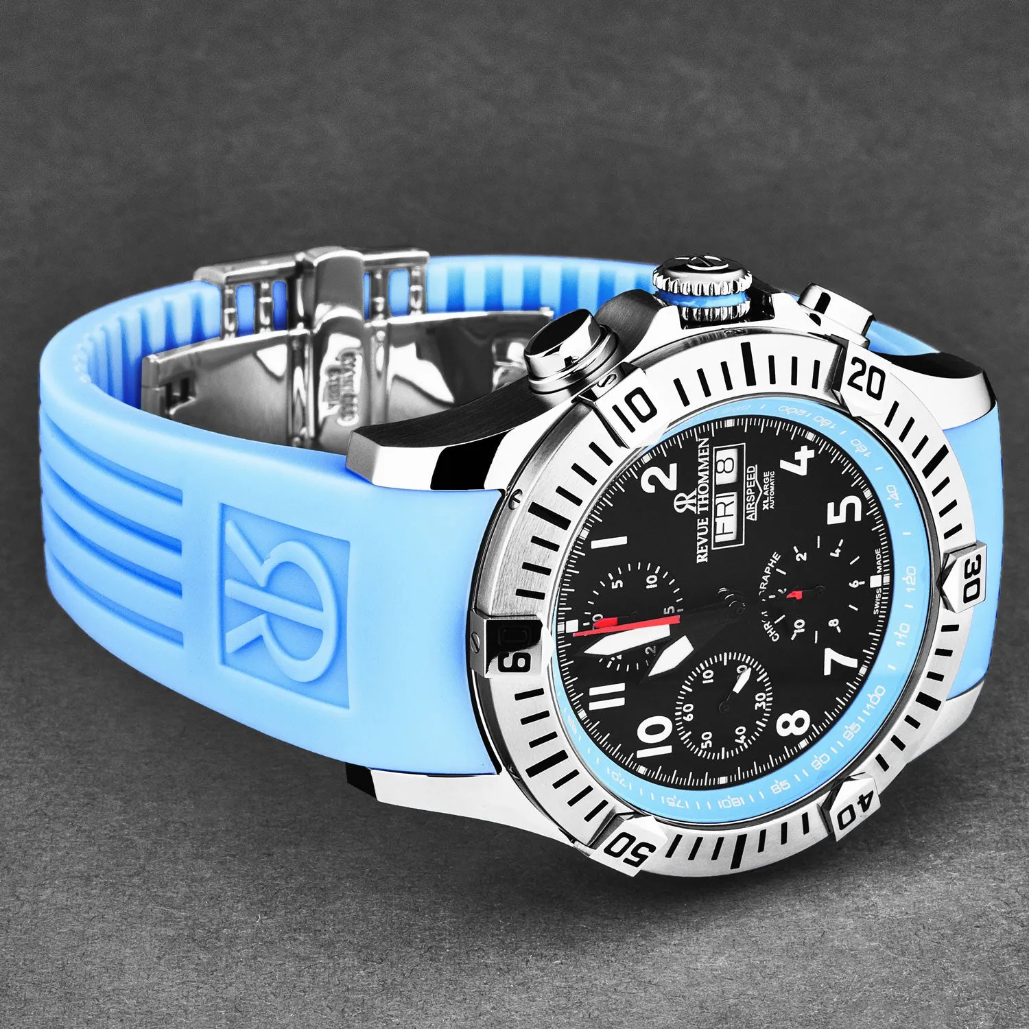 Revue Thommen Men's 'Air speed' Black Dial Blue Rubber Strap Automatic Watch 16071.6735